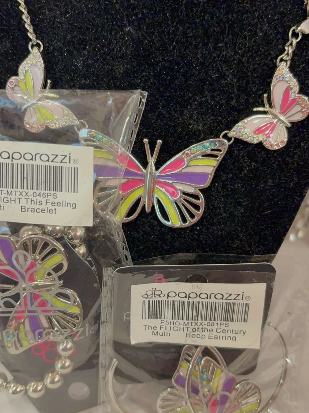 paparazzi Pink Purple Lime Butterfly Necklace and Hoop Earring Set